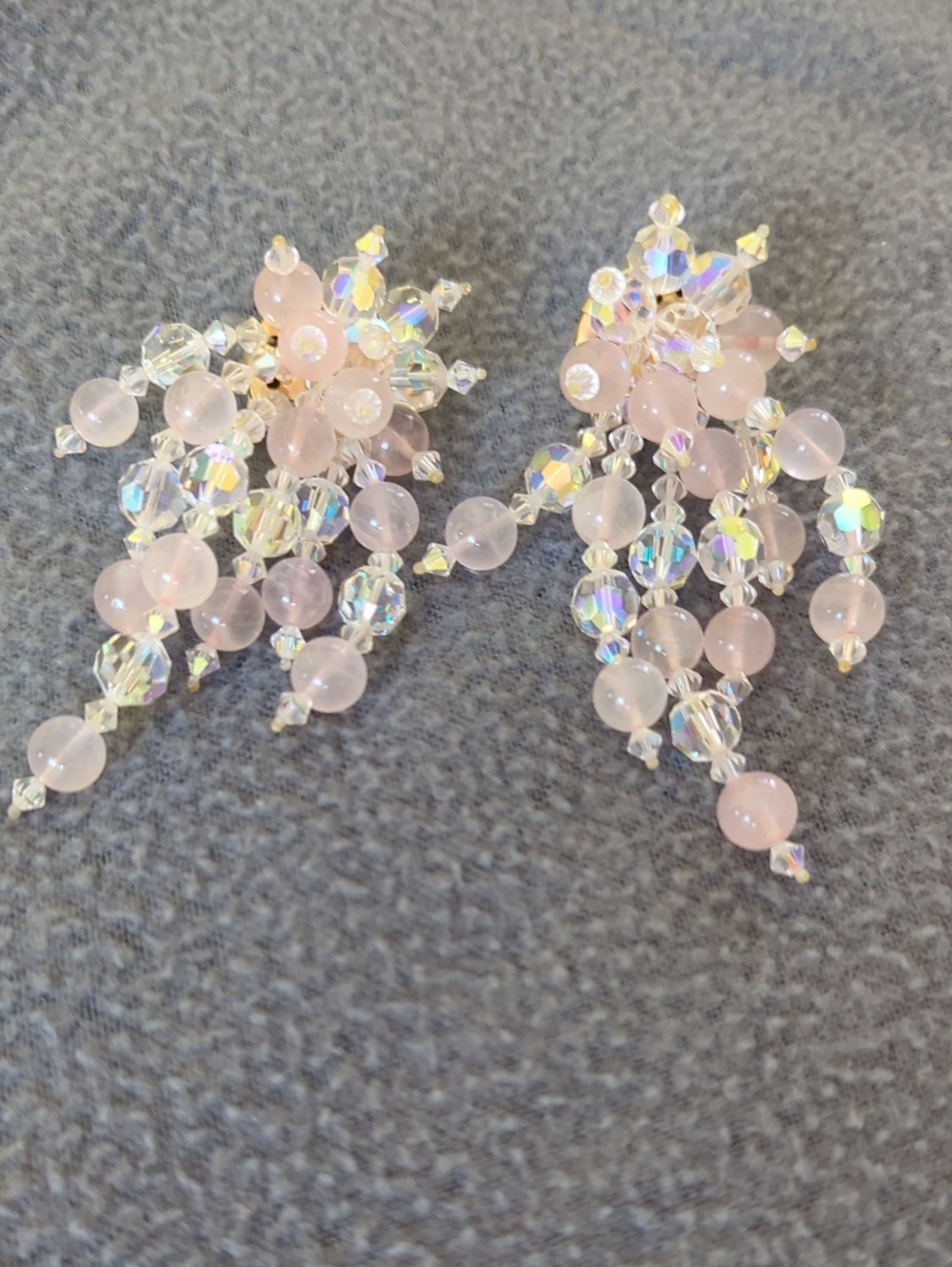 Vintage Clip On Aurora Borealis And Pink Bead Earrings.